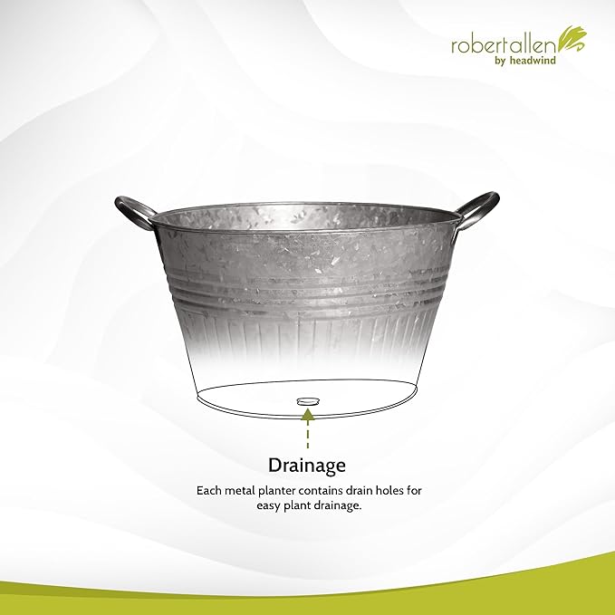 Headwind Decorative Planter - Round Galvanized Tub Planter with Handles – 14 Inch Lightweight Metal Planter with Drainage Hole – Galvanized Steel Tub for Plants - Metal Flower Pot by Robert Allen