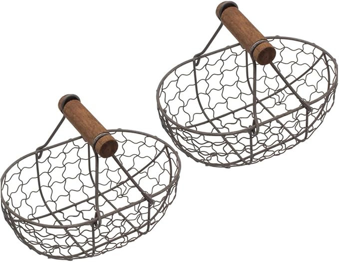 2pcs Iron Fruit Basket with Wooden Handles, Vintage Farmhouse Style Egg and Snack Storage Baskets, Small Gray-black Metal Kitchen Pantry Organizer