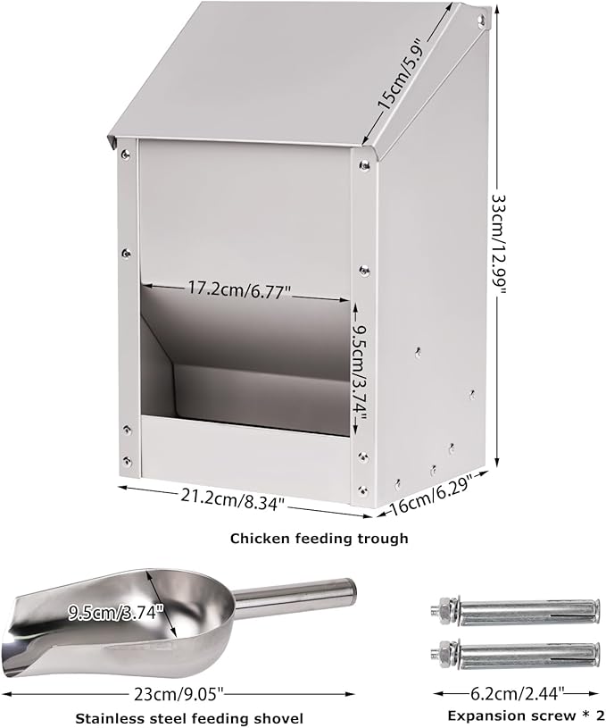 Automatic Chicken Feeder 10lb Metal Chicken Feeders with Lid No Waste Duck Feeder Hanging Chicken Feeder Trough with Scoop for Chickens Ducks Goose Poultry (Small Size)