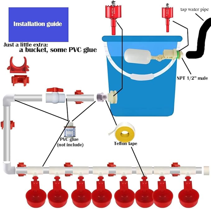 Complete Set Pipeline Automatic Chicken Waterer System, DIY Chicken Water Feeder with 9 Chicken Water Cups,1/2" PVC Tee Fittings & Pipe,Brass Pipe Fittings, Ball Valves, Poultry Waterer
