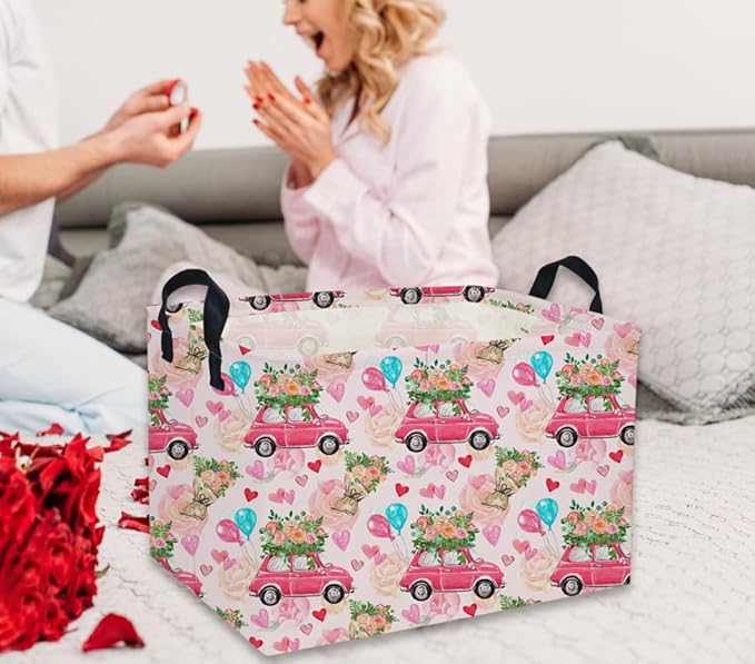 Rectangular Valentine's Day Baskets,Heart Basket,Pink Girls Basket Kids Storage Bin Love Room Decor for Home.(Flower car)