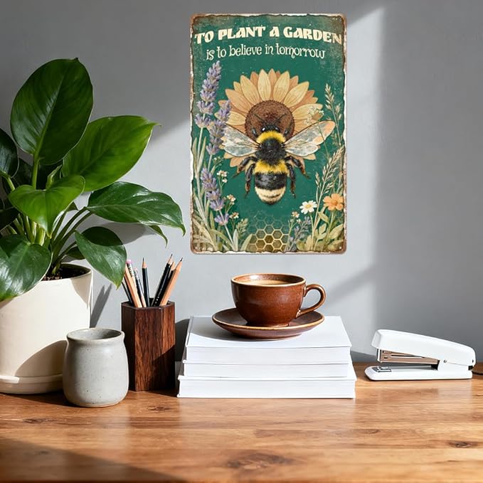 WADORN Funny Bee Floral Metal Tin Sign, 8x12 Inch To Plant A Garden Is To Believe In Tomorrow Retro Tin Sign Vintage Gardening Wall Art Decor Plaque for Farmhouse Yard Garden Courtyard Greenhouse