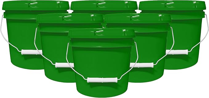 1-Gallon Bucket with Airtight Lid – Made in USA, Food Grade BPA Free Plastic, Heavy Duty Multi-Use, Metal Handle with Grip, Stackable Storage – Green, 6 Pack
