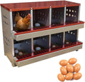 8-Compartment Galvanized Metal Chicken Nesting Box – Roll Away Egg Tray, Rustproof, Perch, 8 Training Eggs – Waterproof Ventilated Coop Accessory – Red