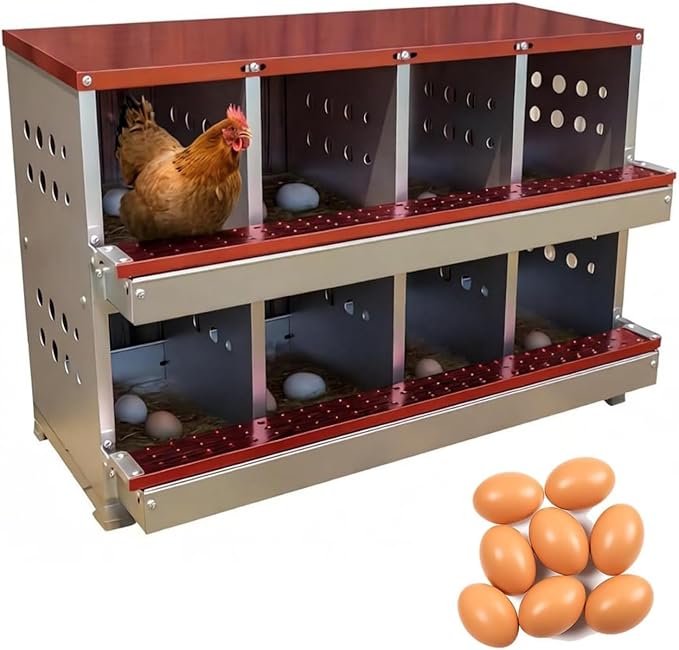 8-Compartment Galvanized Metal Chicken Nesting Box – Roll Away Egg Tray, Rustproof, Perch, 8 Training Eggs – Waterproof Ventilated Coop Accessory – Red