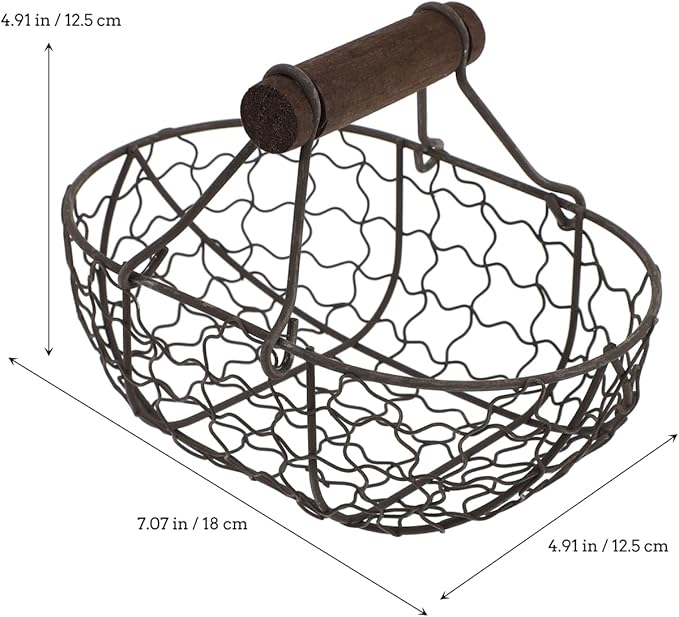 Rustic Wire Egg Basket for Fresh Eggs Gathering, Farmhouse Metal Eggs Holder with Wood Handle, Vintage Kitchen Countertop Storage Basket for Fruits Vegetables Bread, Black Wire