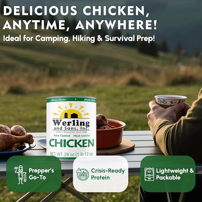 Werling & Sons Canned Chicken 28 Oz– Fully Cooked, Ready to Eat | Premium Quality, Recipe-Ready Canned Meat | 5-Year Shelf Life | Pantry Staple for Camping, Survival & Emergency Use | Made in USA | Pack of 12