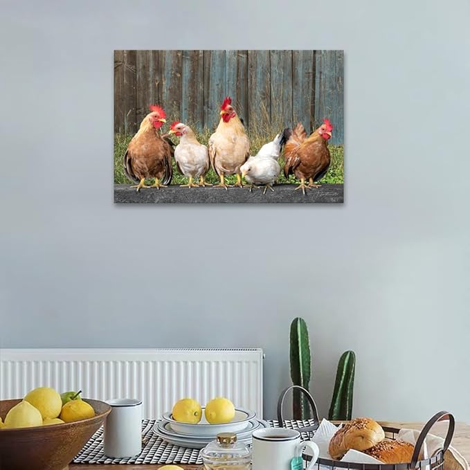 Woxfcart Kitchen Chicken Decor Wall Art, Farmhouse Rustic Barn Animal Canvas Pictures with Wood Background for Bathroom Bedroom, 36 x 24 Inch
