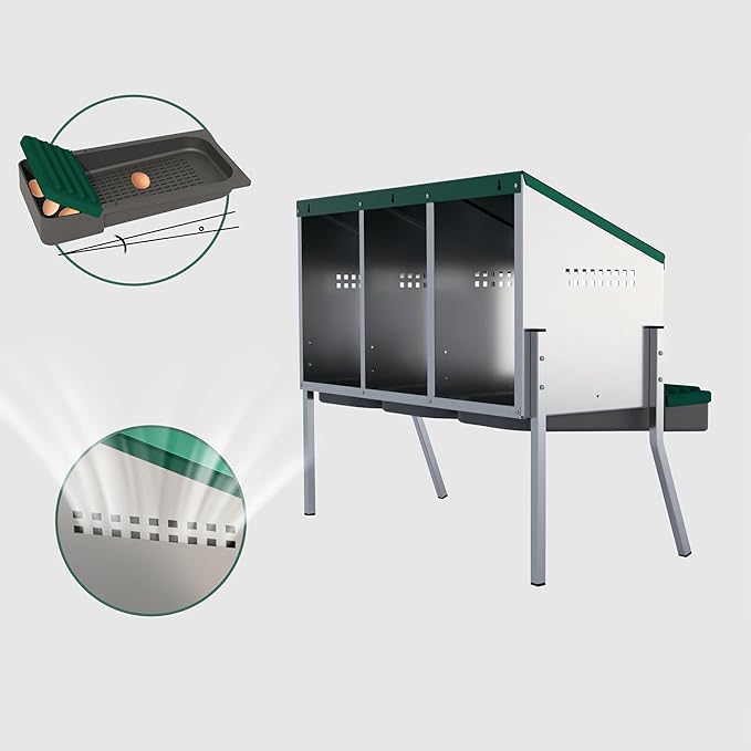 Hatching Time EggHouse Galvanized 3 Bay Nesting Box with Triple Roll Away Egg Collection Trays and Metal Legs, Freestanding Chicken Coop Hen Laying System for Farm Flocks, Up to 30 Hens