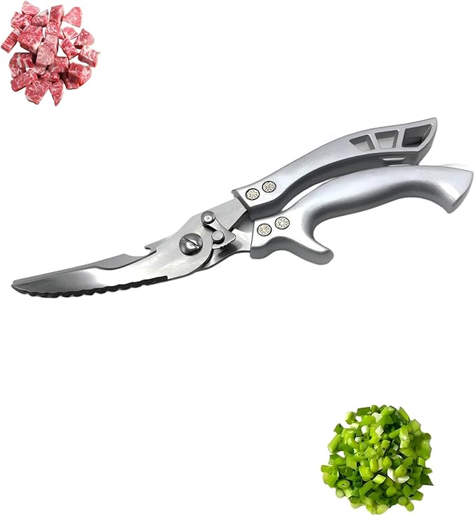 Heavy Duty Poultry Shears with Fish Scaler, Spring Loaded Kitchen Scissors for Food, 2CR14 Steel, Safety Lock, Silver Handle, Dishwasher Safe – Tutuyao Chicken Turkey Meat Fish Scissors