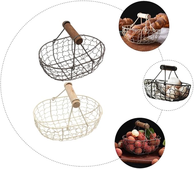 2pcs Vintage Farmhouse Style Wire Fruit and Bread Basket with Wooden Handles Multi-function Kitchen Storage Basket for Eggs and Snacks Gray and Cream for Countertop Organization