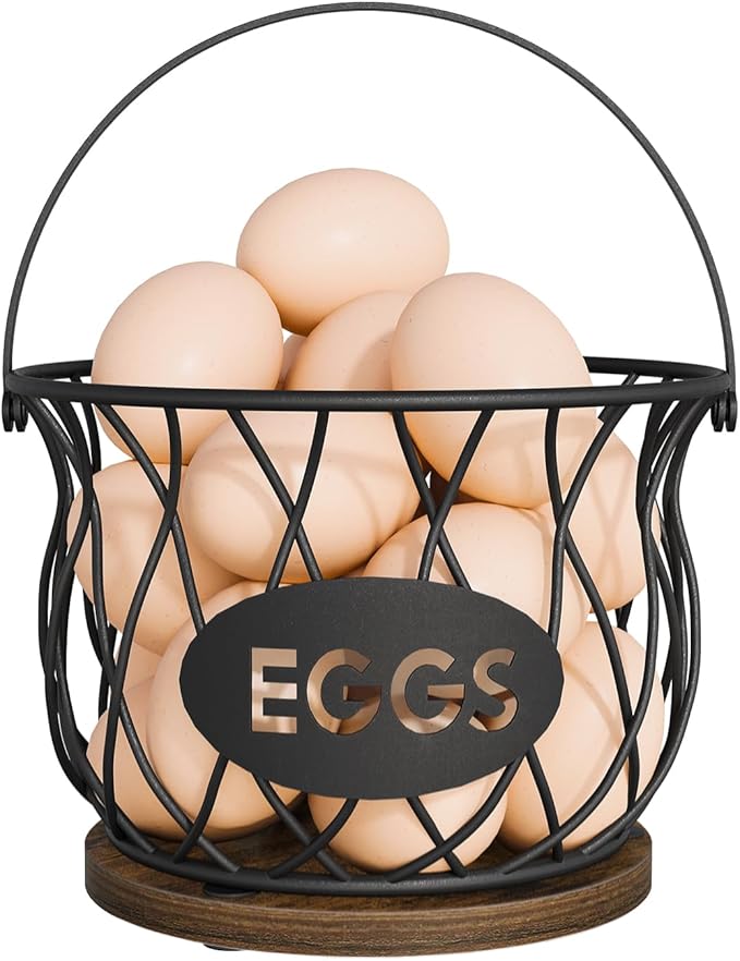 YINMIT Chicken Egg Basket, Round Egg Collecting Basket for Gathering Fresh Eggs, Farmhouse Wire Egg Basket with Handle, Egg Collector with Heavy Base for Kitchen Countertop