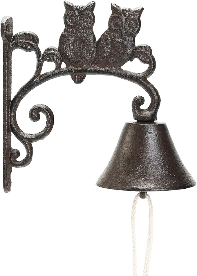 Sungmor Heavy Duty Cast Iron Wall Bell - Decorative Retro Style Lovely Owls Hand Bell - Manually Shaking Wall Hanging Doorbell - Indoor Outdoor Wall Mounted Dinner Bell - Garden Home Wall Decoration