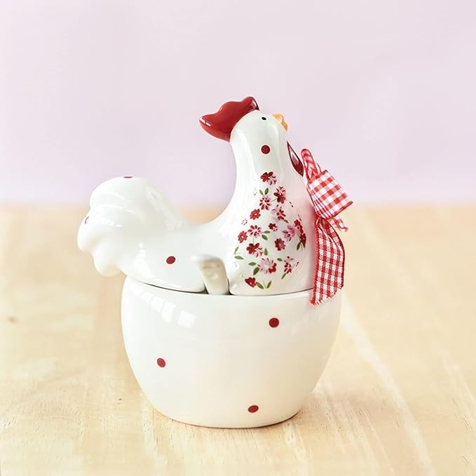 Chicken and Flower Pattern Ceramic, Rooster Shape Sugar Jar with Lid and Spoon, Rural Easter Kitchen Decor for Food Storage, Spring Farmhouse Countertop Container (1 Pc)