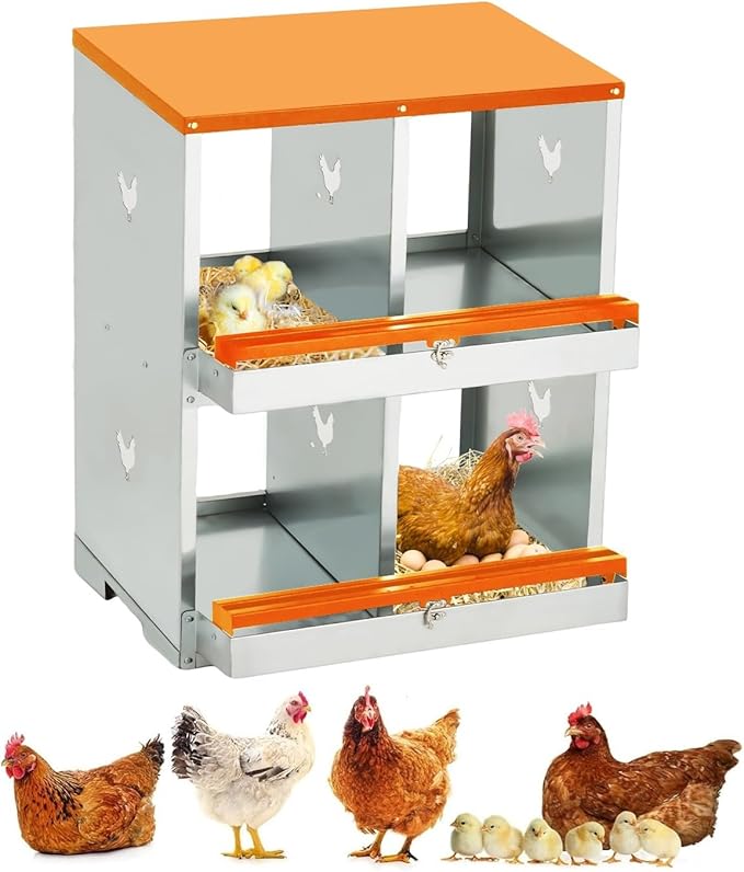 GarveeLife Chicken Nesting Box, 4 Compartments Nesting Box for Chickens, Two-Tier Galvanized Steel Chicken Egg Laying Box with Large Vented Holes Wall Mounting for Easy Egg Collection