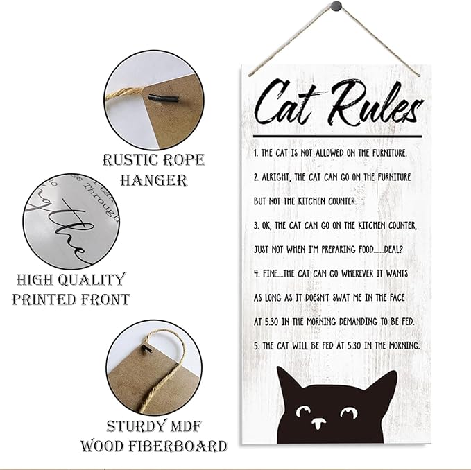 Funny Cat Rules Sign - Decorative Wood Hanging Plaque, Pet Decoration, House Theme Wall Door Decor, Cat Owner Home Gift