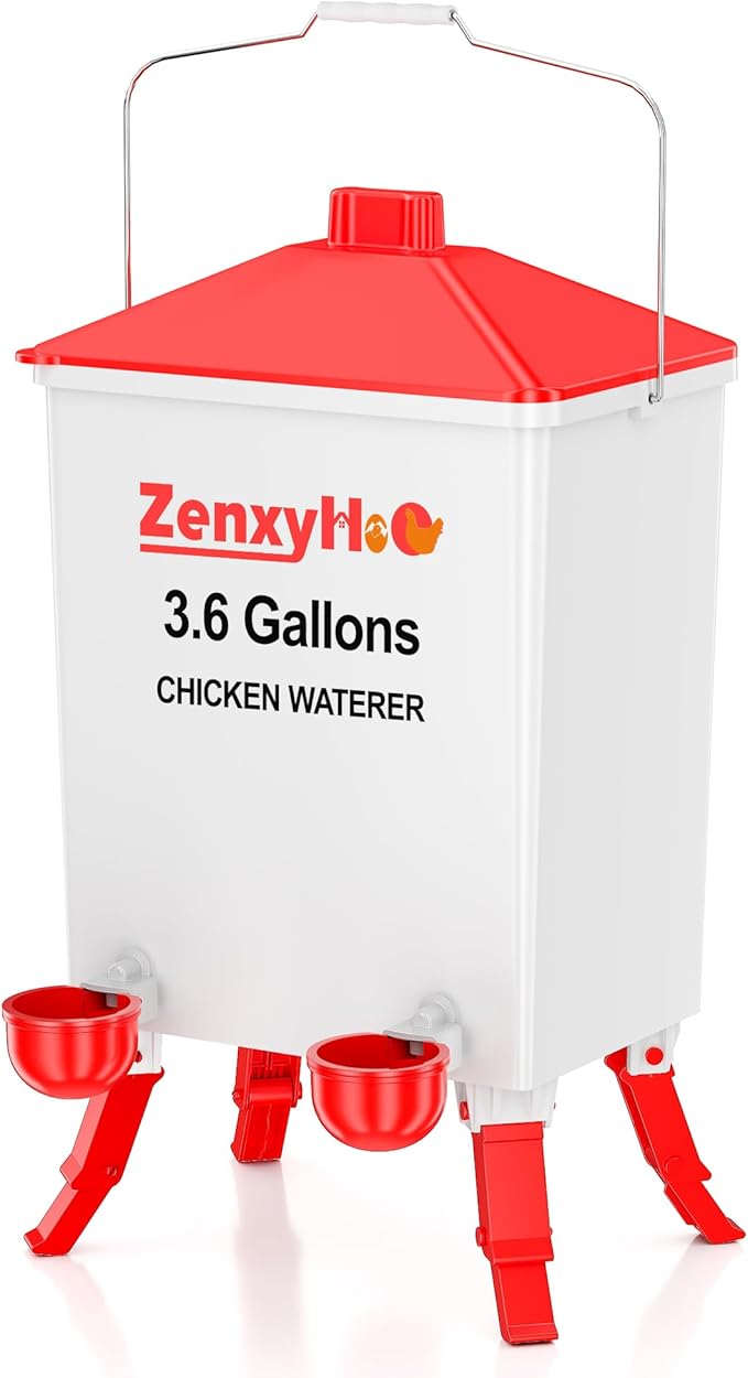 3.6 Gallons Chicken Waterer Bucket with 3 Adjustable Heights, 4 Waterer Cups and Anti Roost Cone