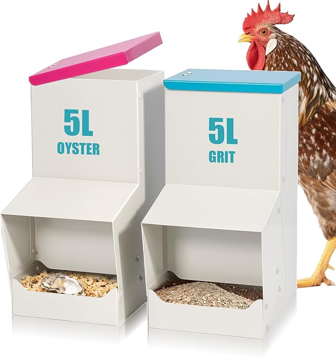 10L Chicken Grit and Oyster Shell Feeder Combo,Metal Automatic Chicken Feeder with Lid Chicken Coop Accessories Supplies Hanging Gravity Poultry Feeders Trough for Strong Eggs Poultry