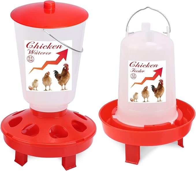 Chick Feeder and Waterer Set Top Fill 3.3LB Feeder and 0.4Gal Waterer with 3 Adjustable Heights Legs for Chicks