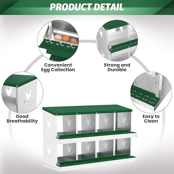 Metal Chicken Nesting Boxes, Heavy-Duty Galvanized Steel Egg Laying Box with 8 Compartments, Rustproof, Easy to Install & Clean, Wall-Mountable Design for Poultry Coops- Green Without Stand