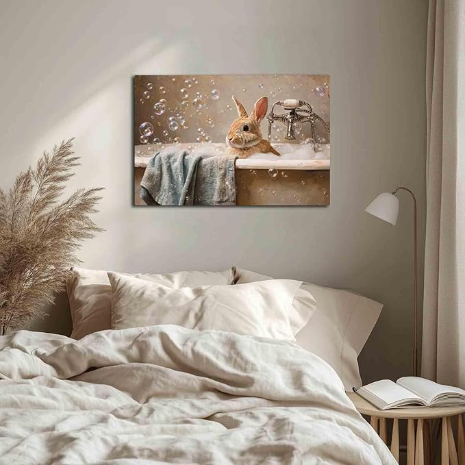 MNFGMH Easter Bathroom Print Vintage Style Bunny in Bathtub Poster for Wall Rustic Farmhouse Easter Wall Art Wooden Frame 24x36 inch