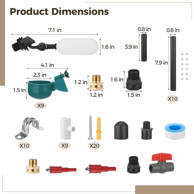 Complete Automatic Chicken Waterer System Kit, Includes 9 Chicken Water Cups, PVC Pipe, T-Joints, Float Valve, Poultry Watering, DIY Chicken Water Feeder for Broiler, Duck, Goose, Farm Birds