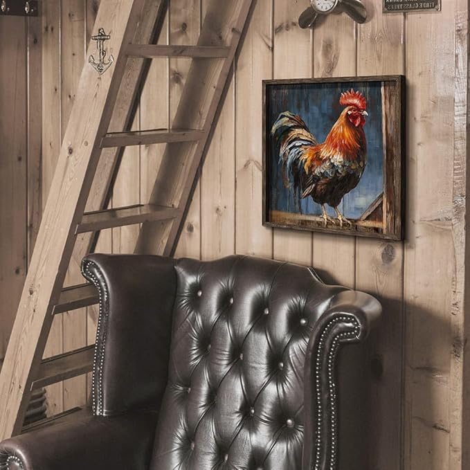 Vintage Rooster Wall Art Decor: Farmhouse Animal Picture Country Chicken Framed Artwork Farm Cock Painting is the Perfect Combination of Energy Nature for the Kitchen Country House Living Room 12"x12"