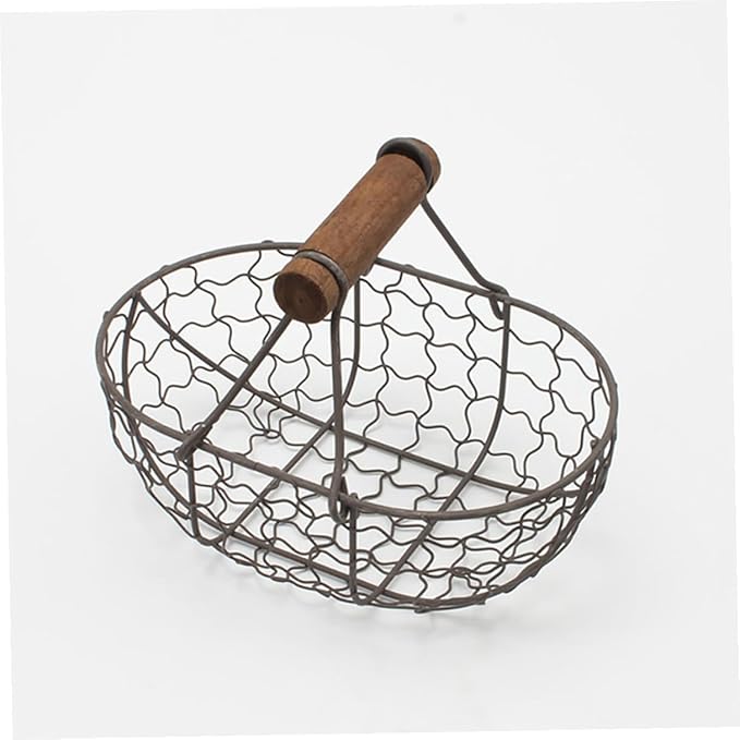 2pcs Iron Fruit Basket with Wooden Handles, Vintage Farmhouse Style Egg and Snack Storage Baskets, Small Gray-black Metal Kitchen Pantry Organizer