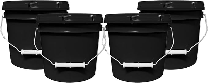 1-Gallon Bucket with Airtight Lid – Made in USA, Food Grade BPA Free Plastic, Heavy Duty Multi-Use, Metal Handle with Grip, Stackable Storage – Black, 4 Pack