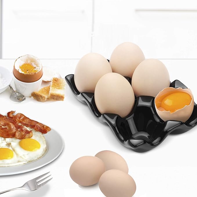 Flexzion Porcelain Egg Crate - 6-Egg Capacity Ceramic Egg Tray, Half Dozen Egg Holder for Fridge, Countertop Display - Black Decorative Serving Dish and Storage Organizer, 2 Pack
