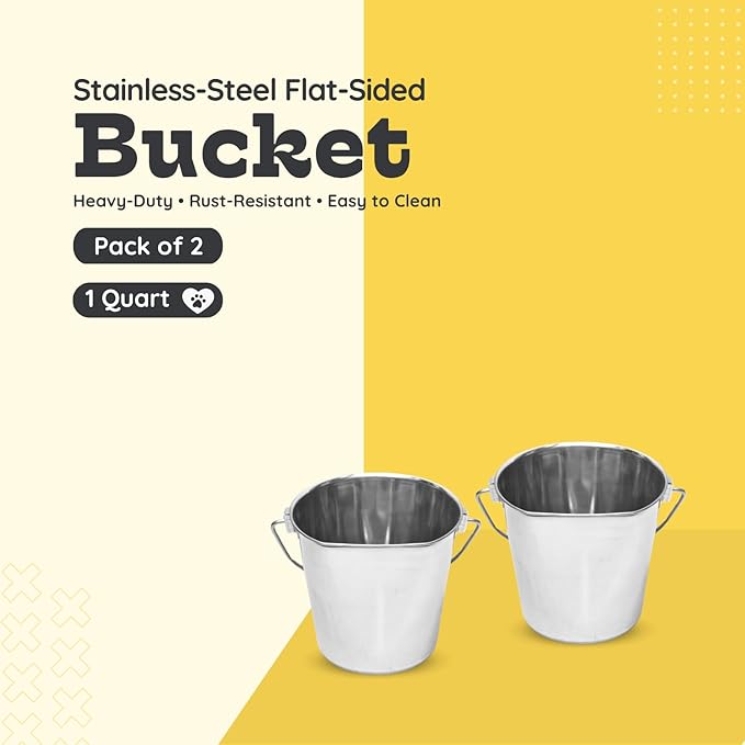 Flat Sided Stainless Steel Bucket 1 Quart Hanging Feeding Pail for Small Dogs Cats Birds, Fits Kennel Cages Compatible, Heavy Duty Food and Water Feeder, 0.25 Gallon Silver Buckets 2 Pack