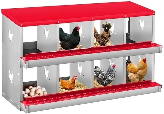 Heavy Duty Galvanized Build - Metal Chicken Nesting Box for Small Animals - 8 Compartments, Wall Mount, Easy Egg Collection, No Legs - Orange Red, 8 Compartments, No Legs