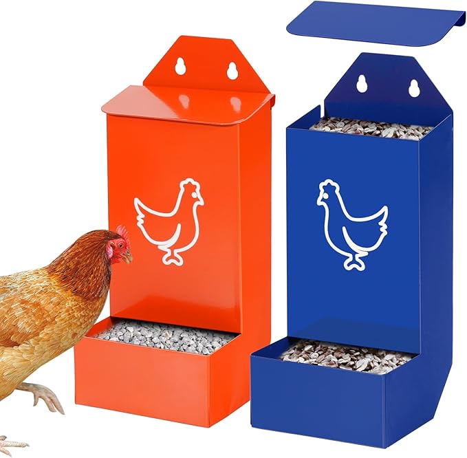 2Pcs Chicken Feeder for Oyster Shell and Grit, Wall Mounted Chicken Food Dispenser No Waste, Hanging Poultry Feeder with Lid, Coop Accessories