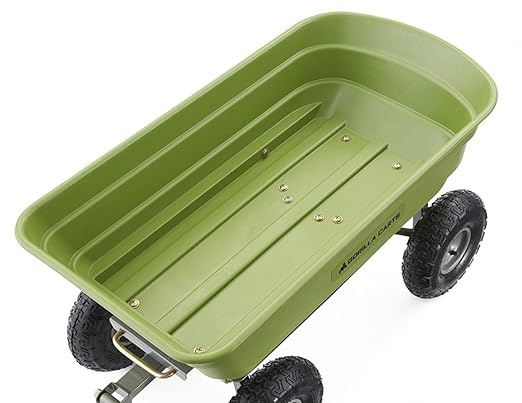 Gorilla Carts Poly Garden Dump Cart, 4 Cu Ft Tub, 600 lb Haul Capacity, Green – Heavy-Duty Utility Wagon with Quick-Release Dumping & Pneumatic Tires for Yard, Landscaping and Gardening