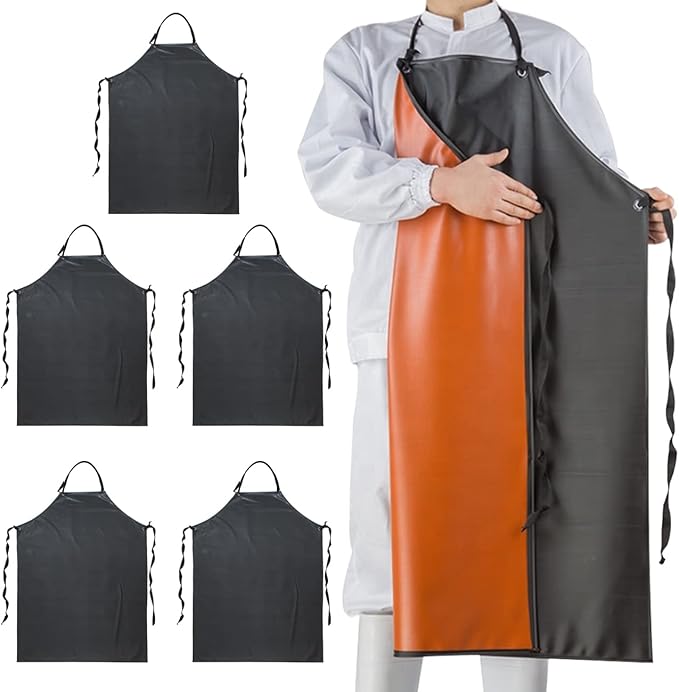 Chemical Resistant Vinyl Apron - Black Plus Size Unisex PVC Aprons for Dishwashing,Dog Grooming,Fish Cleaning,Lab Work(5 Pack)