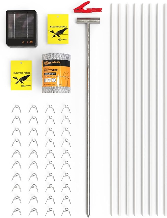 Gallagher Garden & Backyard Pet Protection Kit | Solar Electric Fence Kit for Deer, Rabbits, and Pets | 48in Posts with Polywire | Powers 200ft | Lithium Solar Energizer | Reliable Garden Protection