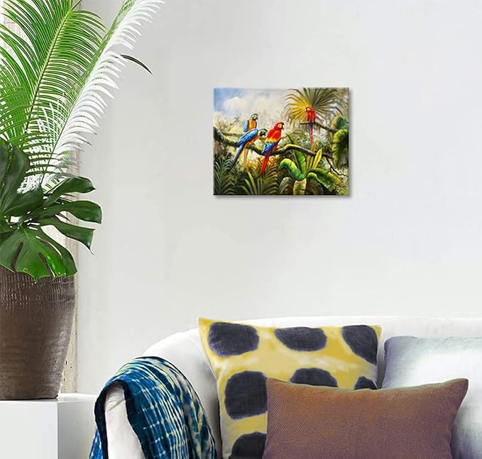 Woxfcart Tropical Macaw Parrot Canvas Wall Art, Colorful Bird Painting for Kids Children Room Bathroom Bedroom Decor, 15 x 12 Inch, Ready to Hang