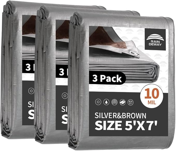 RAINDEWAY Tarps Heavy Duty Waterproof 5x7 Feet(3 Pack),10Mil Thick Multipurpose Small Tarp Cover with Metal Grommets and Reinforced Edges,Silver/Brown Tarp