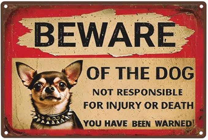 Vintage Metal Tin Sign - Beware of Dog Chihuahua with Spiked Collar Humorous Warning Sign, Rustic 8x12 Inch Outdoor Yard Decor for Fence, Farm, Garden, Kitchen - Funny Pet Owner Gift for Men & Women