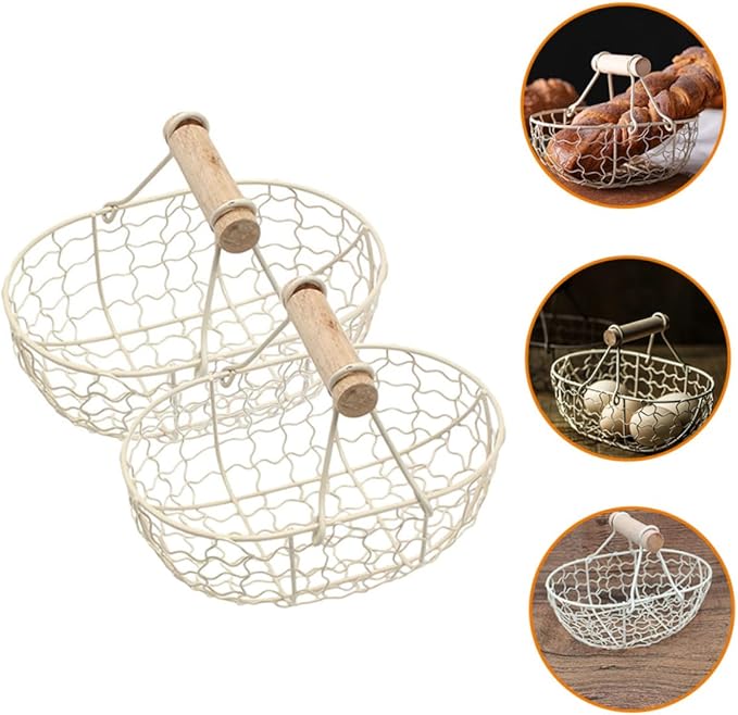 2pcs Rustic Iron Wire Basket with Wooden Handle, Multi-function Farmhouse Style Countertop Fruit and Egg Storage Organizer for Kitchen and Pantry