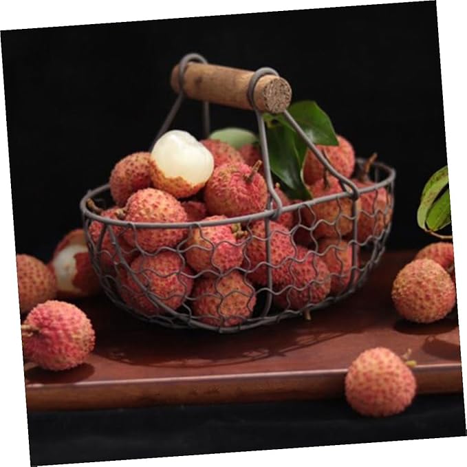 2pcs Retro Farmhouse Style Storage Baskets with Wooden Handles, Vintage Metal Wire Fruit and Vegetable Organizer for Kitchen Pantry, Snack and Egg Holder Set