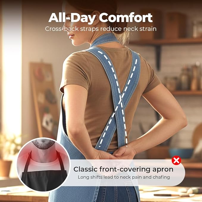 Apron with Pockets for Women and Men, Lightweight Cotton Jean Cross Back Apron with Front Pocket for Cooking Gardening
