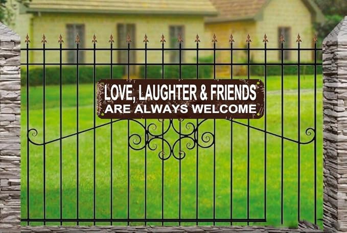Love Laughter Friends Welcome Sign - 16x4 Inch Farmhouse Metal Wall Art for Entryway, Home Decor, Living Room, Porch