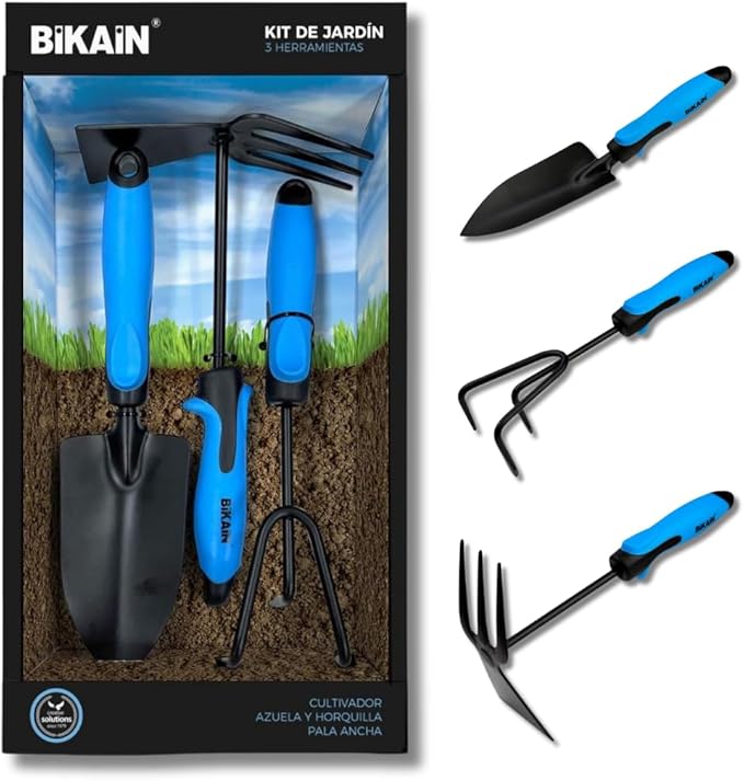 Gardening Kit - 3 Tools - Includes Wide Shovel, Lance+Fork and Cultivator - Ergonomic and Non-Slip Handles - Steel Tool