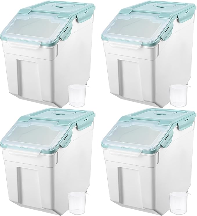Sunnyray 4 Pcs 55 lbs Grain Rice Storage Container Flour Bin with Wheels Cup Leak Proof Pet Food Storage Boxes Seal Locking Lid Plastic Rice Containers Set for Cereal Flour Cat Dog Food (Blue)