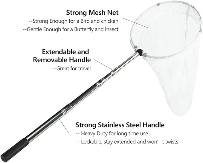 RESTCLOUD Insect and Butterfly Net with 12" Ring, 24" Net Depth, Strong Stainless Telescoping Handle Extends to 38 Inches