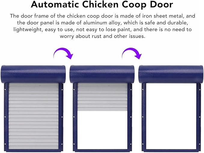 Automatic Solar Powered Chicken Coop Door with Light Sensing and Timer, Metal Iron Auto Chicken House Protection Door for Duck Goose, Remote Control, with LED Clear Dosplay (Blue)