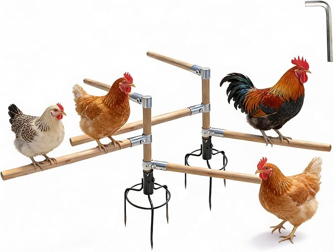 2 Pack Chicken Perch Toys for Coop & Backyard Chickens, Small Chicken Perch Roosting Bars with 3-Prong Metal Ground Plug & Adjustable and Replaceable Wood Bar(Wooden, 22" H x 14" R)