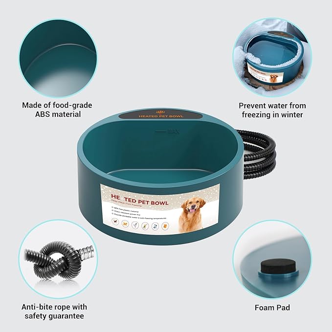 Enjoying Heated Pet Bowl for Cat Outdoor, 2.2 L, Ice Free, Heated Water Bowl for Dogs Chickens Rabbits Birds, Intellectual Temperature Control Thermal Bowl, Green