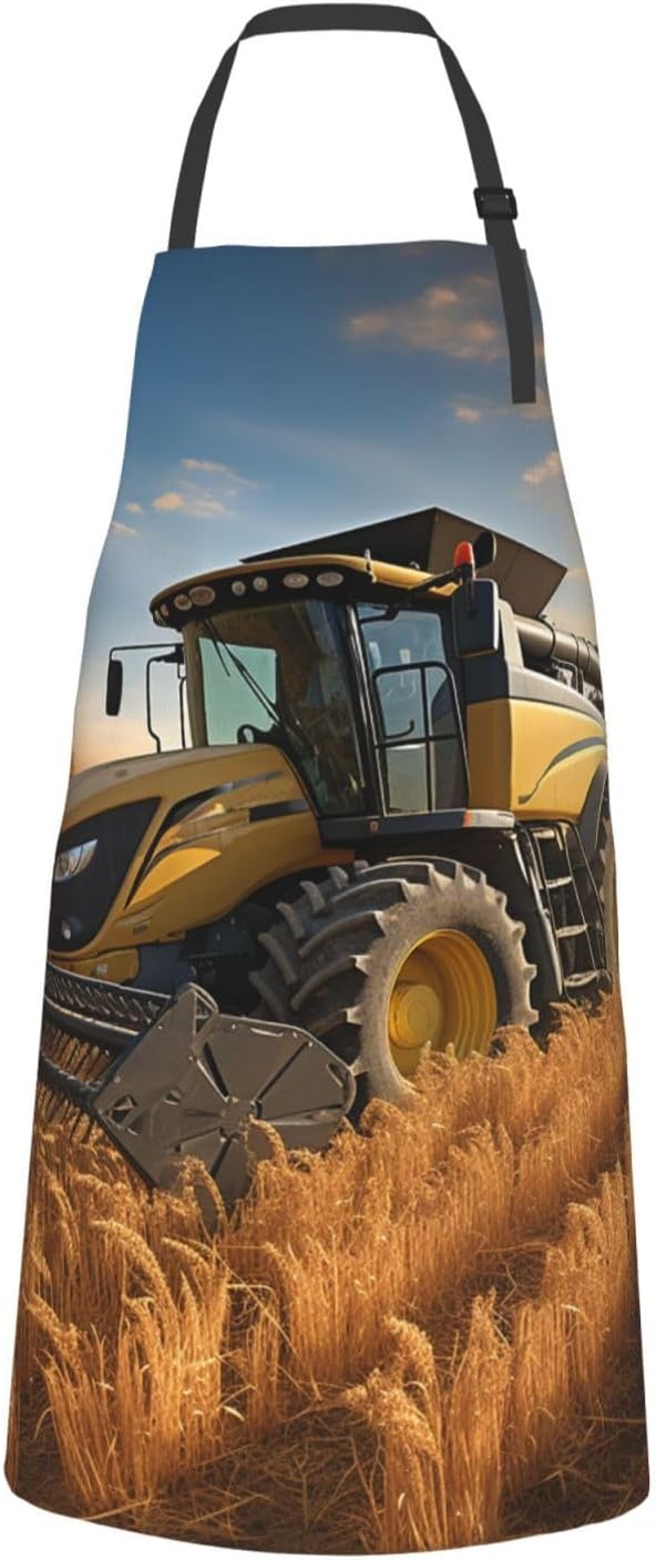 Farm Tractor Harvest Waterproof Apron With 2 Pockets Adjustable Cute Kitchen Aprons Bibs For Women Men Kitchen Garden Decor